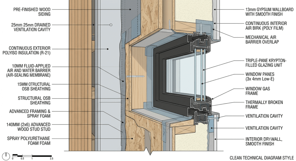Net-zero home wall assembly showing insulation and triple-pane window