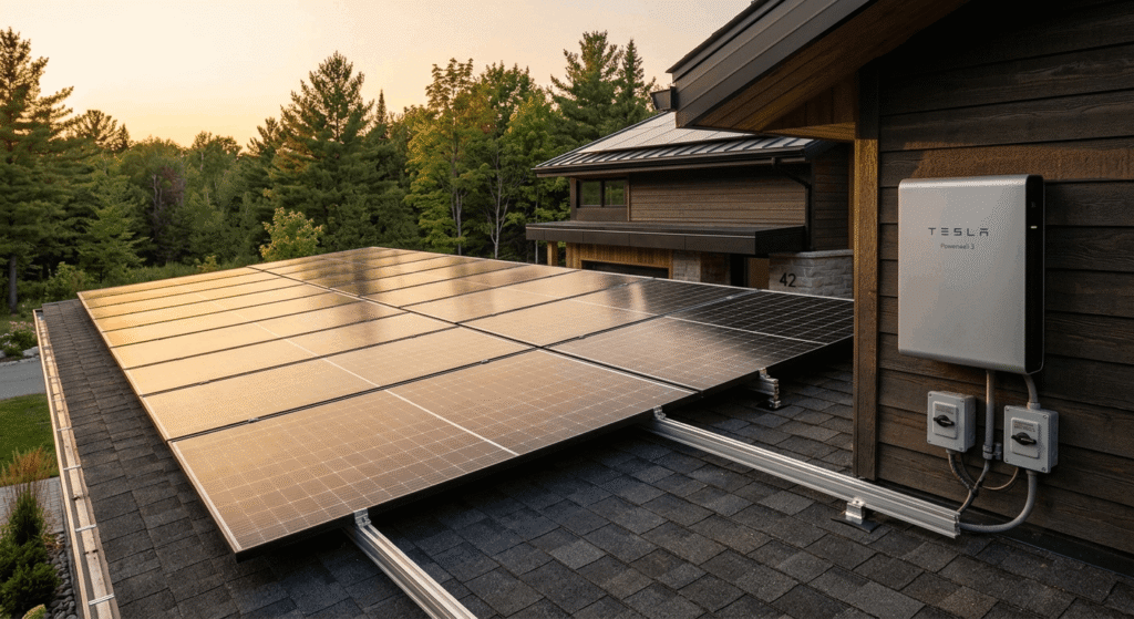 Rooftop solar panels and battery storage on an Ontario net-zero home
