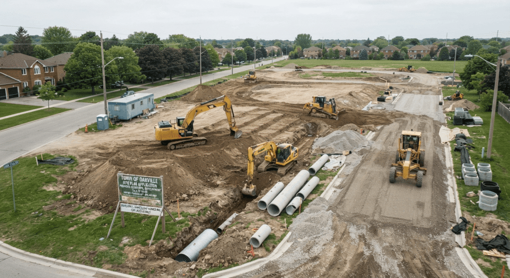 Ontario construction site during site plan approval and grading work