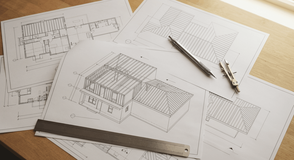 Architectural blueprints and drafting tools for a Toronto second-storey addition permit application