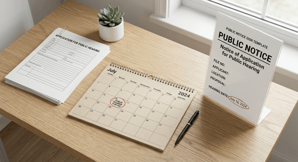 Public notice sign and application forms for a Toronto Committee of Adjustment hearing