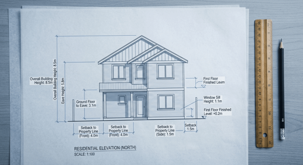 Architectural drawing showing height and setback measurements for a Toronto property