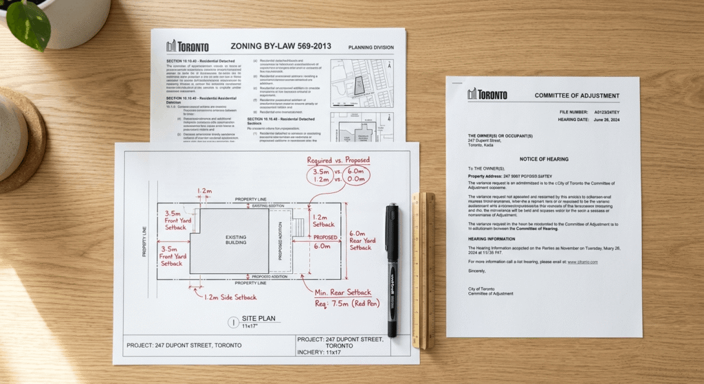 Toronto zoning by-law documents and site plan for a minor variance application"