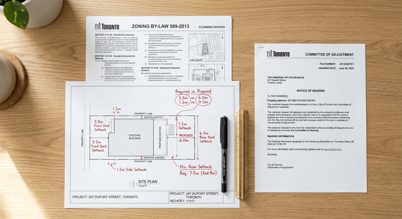 Toronto zoning by-law documents and site plan for a minor variance application"