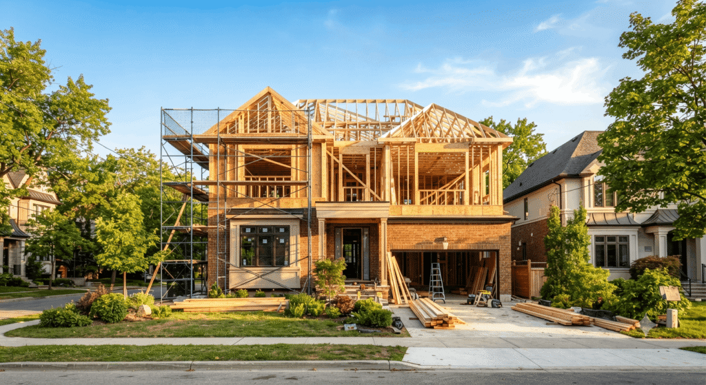 Second-storey addition under construction on a Toronto home, showing new framing above the existing main floor