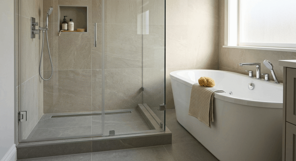 Walk-in shower with linear drain and jacuzzi tub in a Burlington bathroom renovation