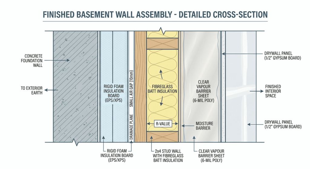 Basement drywall installation wall assembly layers cross-section"