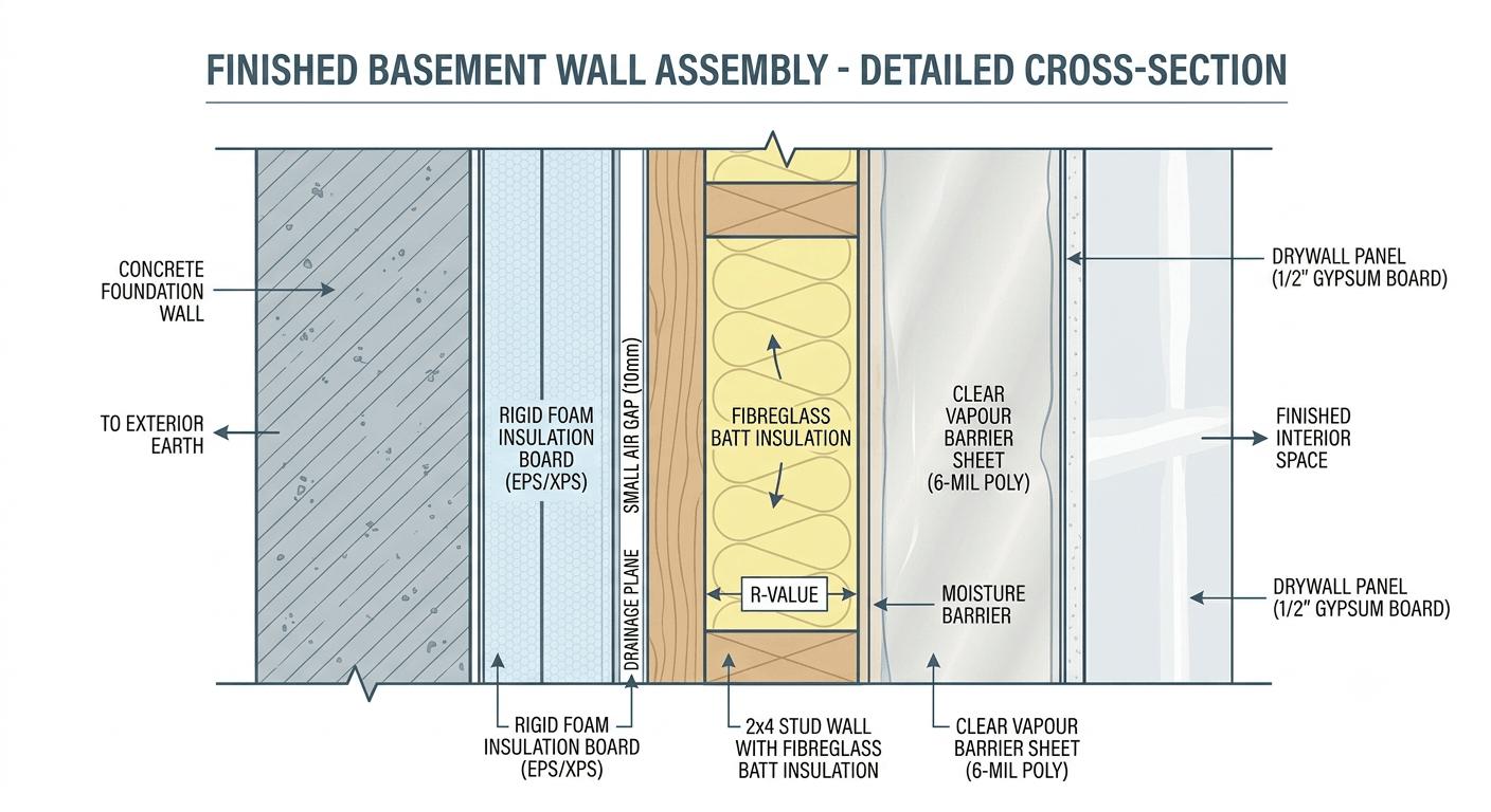 Basement drywall installation wall assembly layers cross-section"