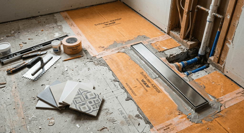 Waterproofing membrane and linear drain installation during a Burlington bathroom tile project