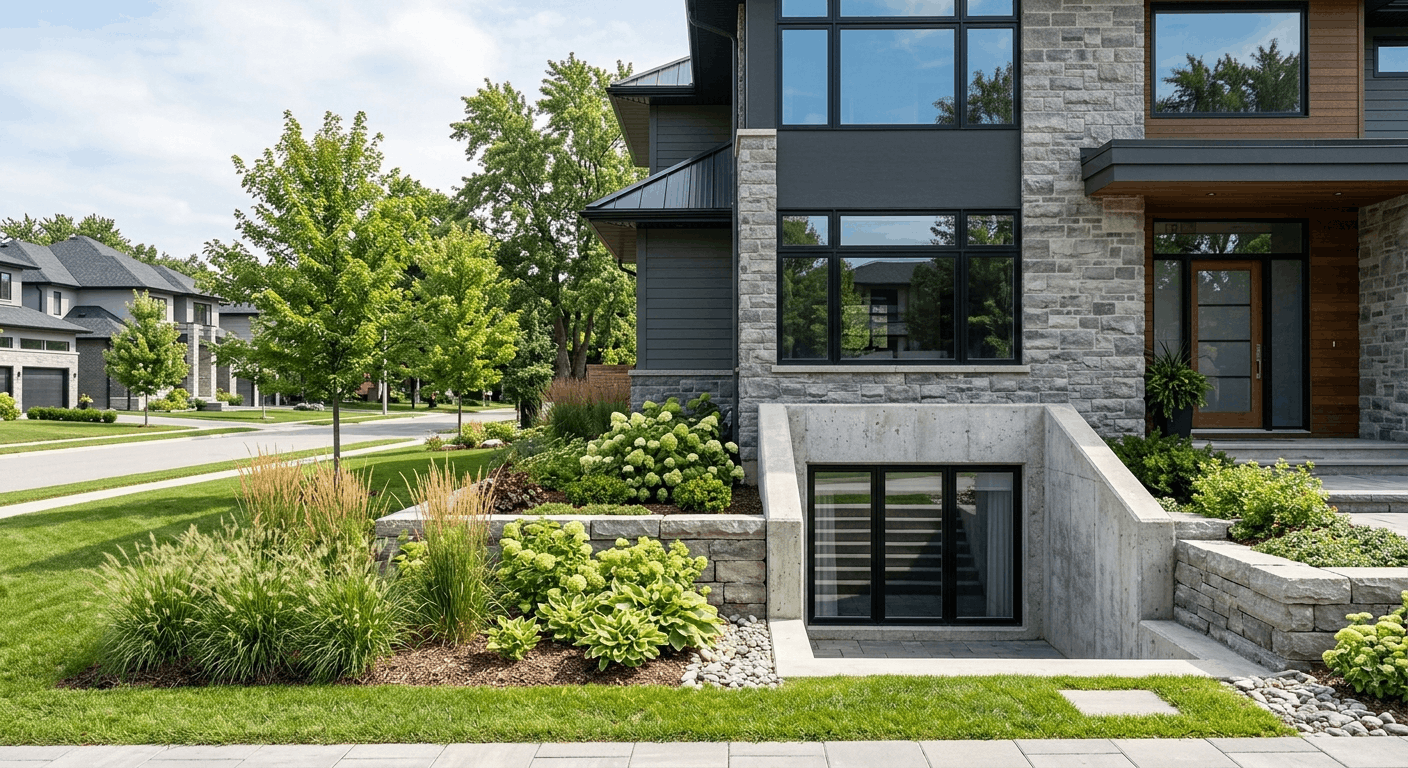 Ontario house exterior with a legal basement egress window and window well