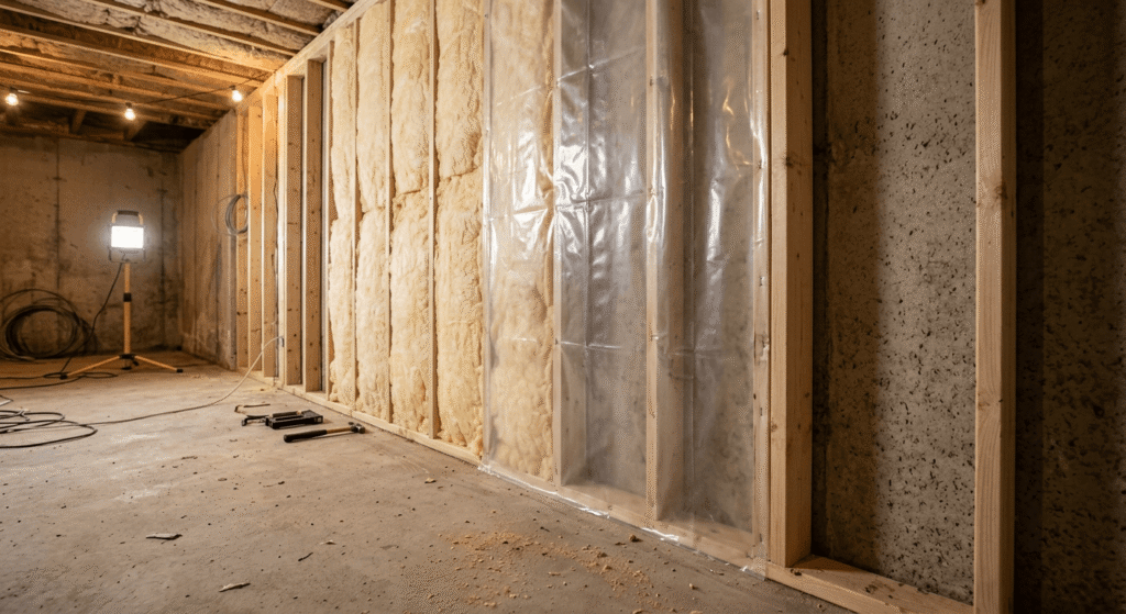 Framed and insulated stud wall with vapour barrier in a basement