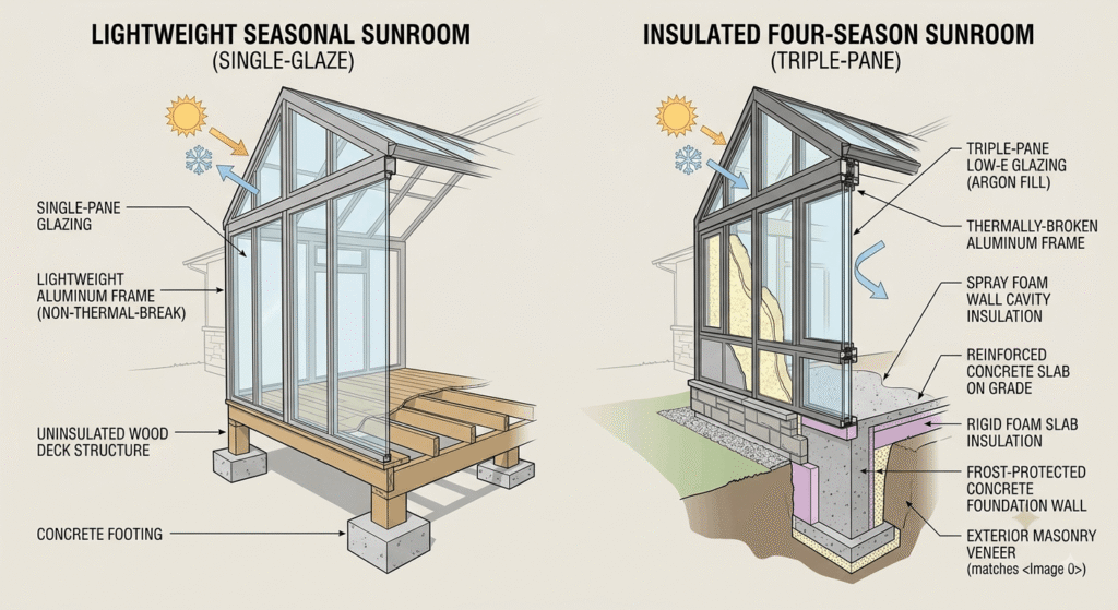 Cutaway diagram comparing 3 season and 4 season sunroom wall construction