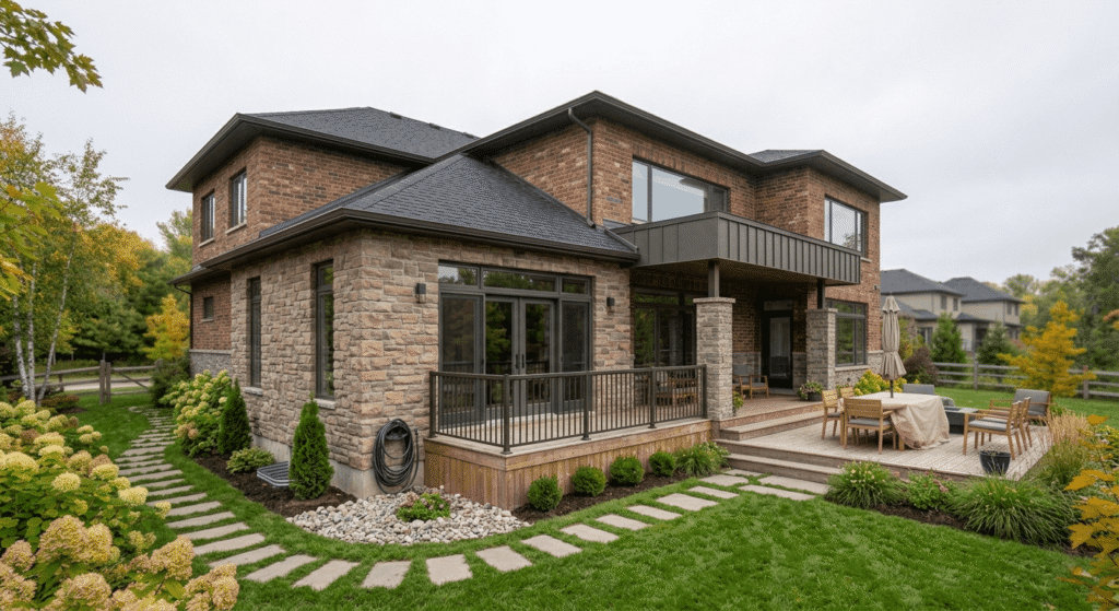 Fully renovated Canadian home exterior with new roofing and stone veneer