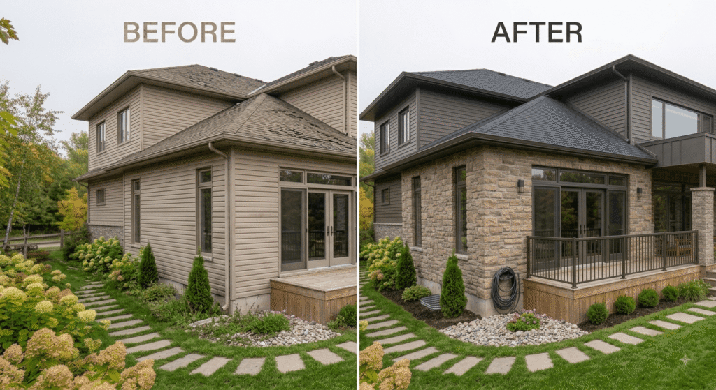 Stone veneer and new roofing on a Canadian home exterior before and after