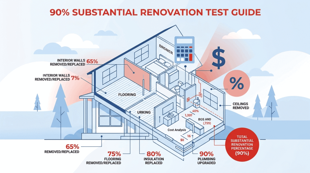 Floor plan diagram illustrating the CRA 90% substantial renovation test for HST rebate eligibility