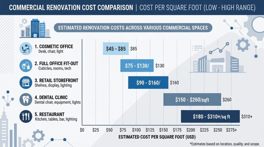 Office renovation cost and clinic fit-out ranges compared per square foot