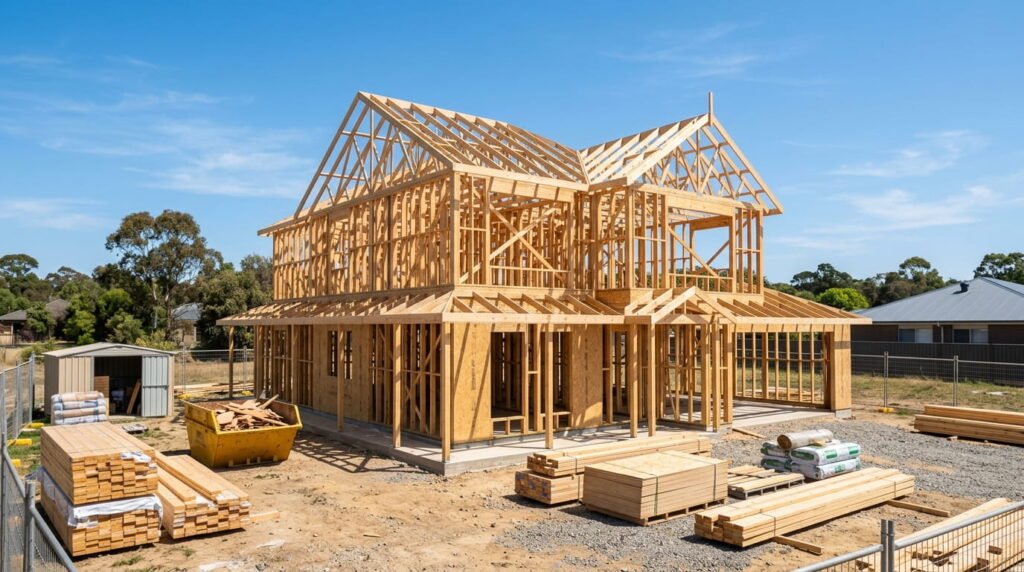 Framing stage of a custom home build in Milton Ontario