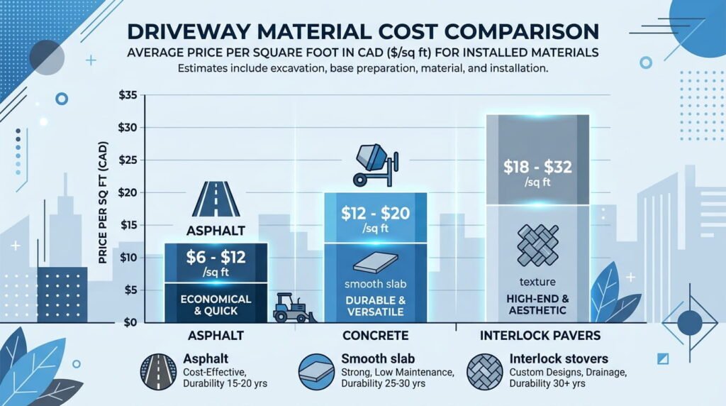 Driveway cost Ontario compared by paving material per square foot