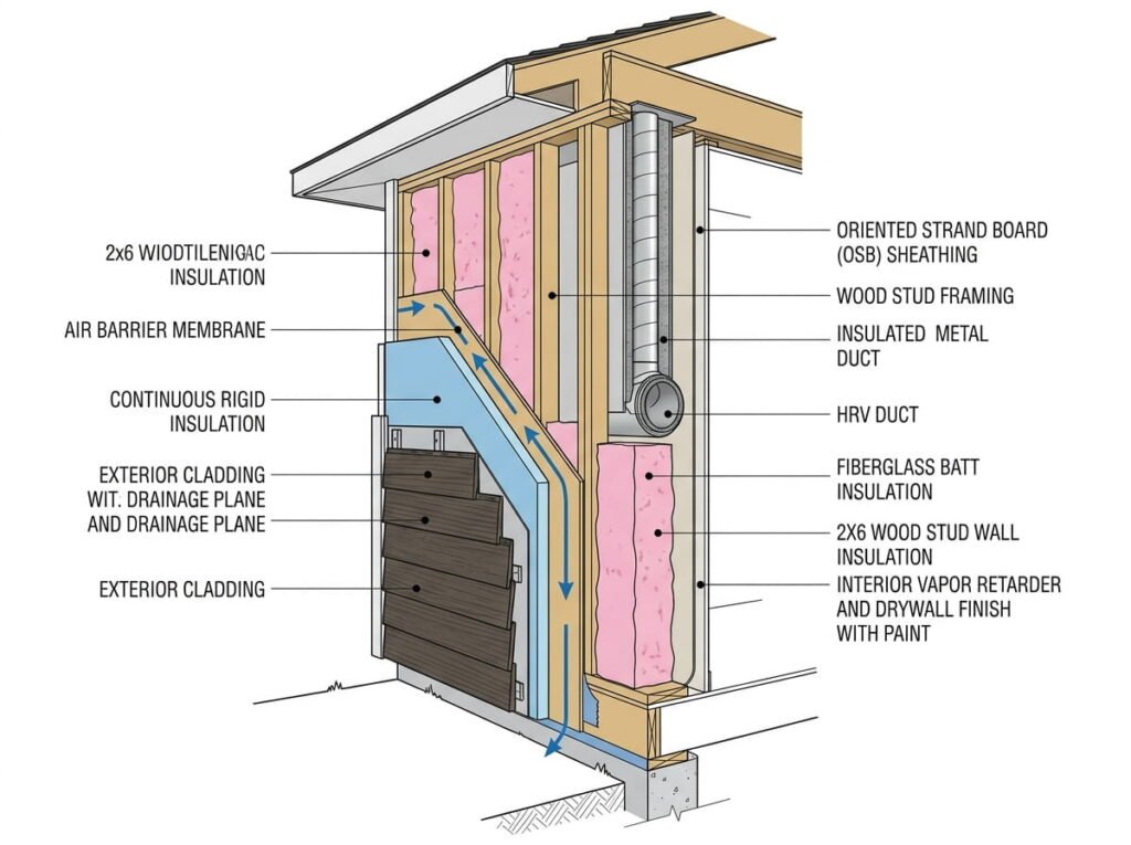 Wall assembly for energy-efficient homes under Ontario Building Code SB-12
