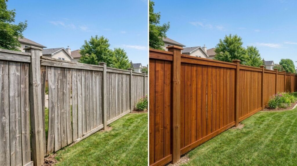 Fence renovation comparison showing weathered and restored cedar panels