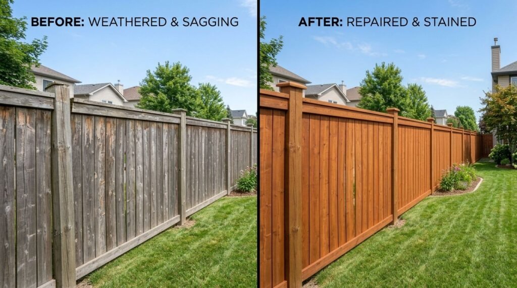 Before and after comparison of a renovated cedar fence panel in a Canadian backyard