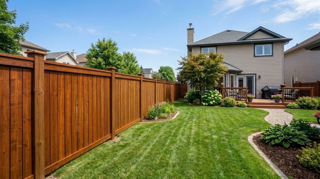 Freshly renovated cedar wood fence in a Canadian backyard