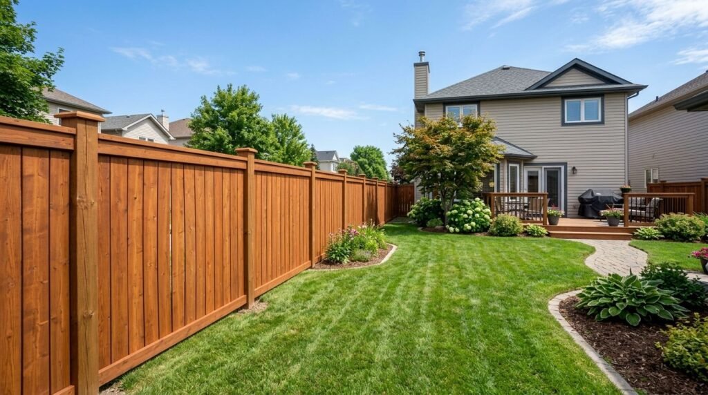 Freshly renovated cedar wood fence in a Canadian backyard