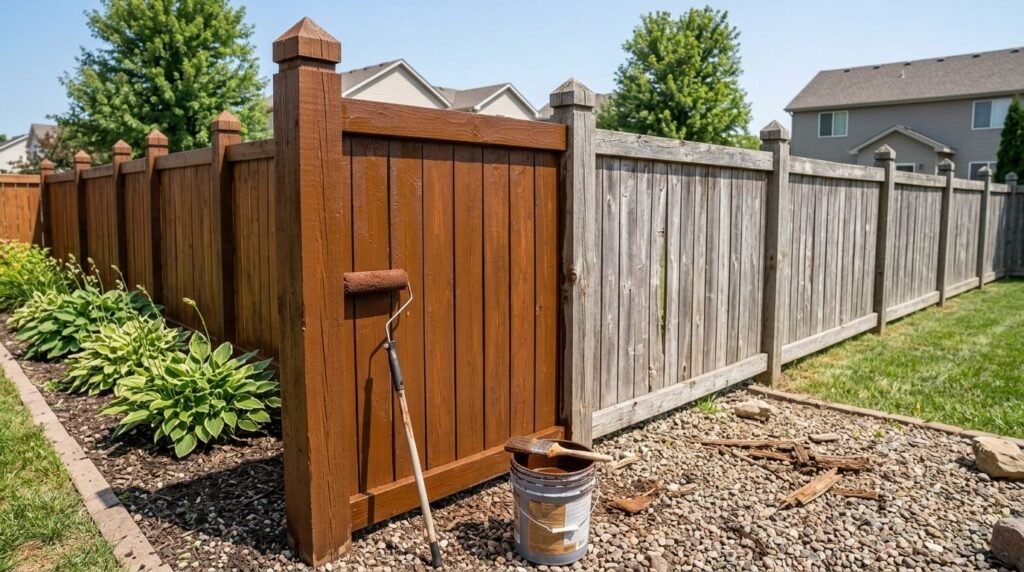 Wood fence being restained as part of a fence renovation project