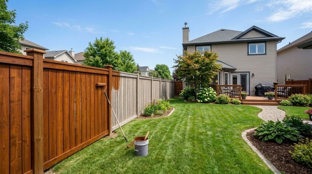 Wood fence being restained during a renovation refinishing project