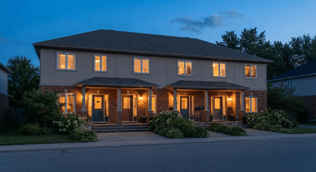Fourplex property exterior at dusk with warm lighting in each unit's windows