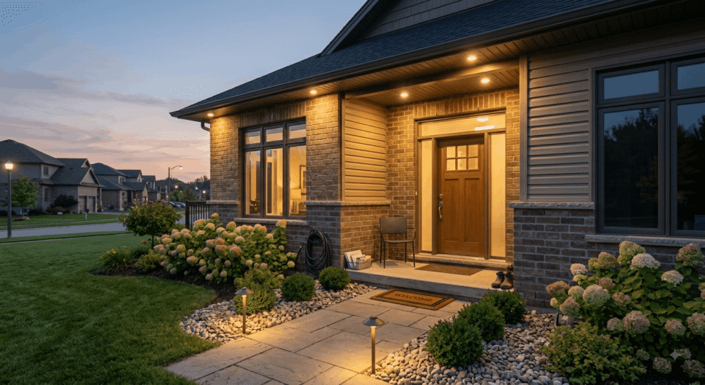 "Outdoor lighting on a front entry walkway at dusk
