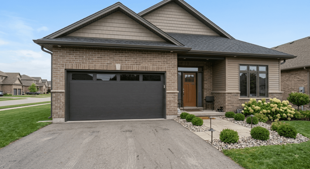 Renovated insulated garage door on a suburban home facade