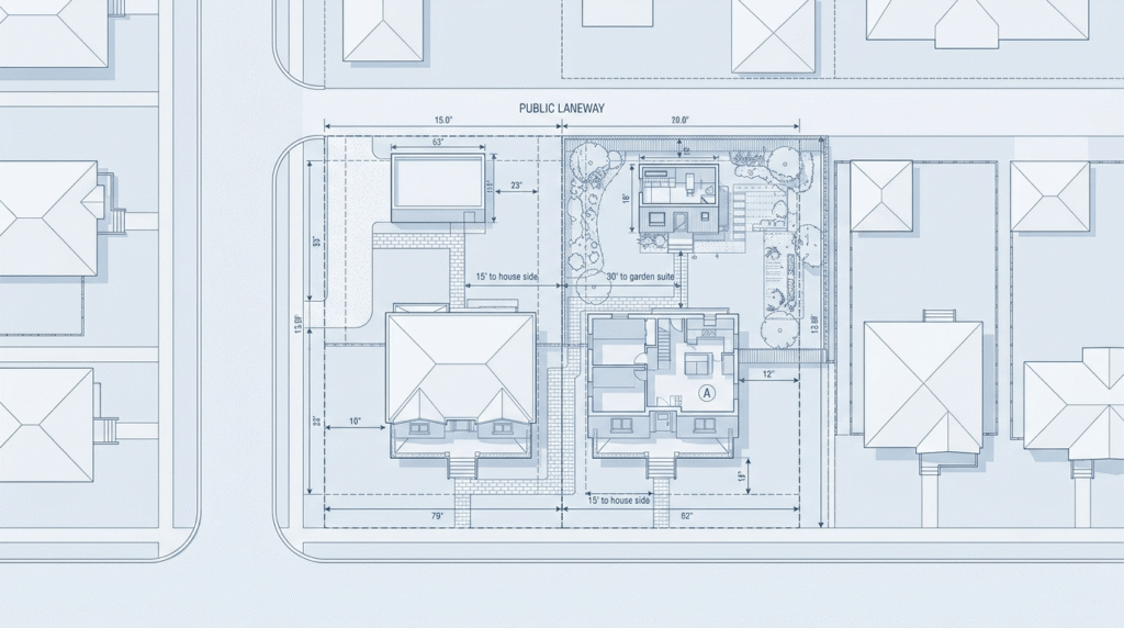 Garden suite backyard layout showing emergency access pathway requirements