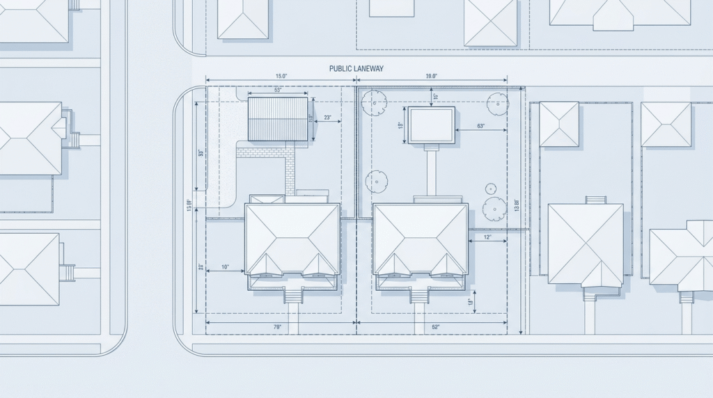 Site plan comparing laneway house and garden suite placement on Canadian residential lots
