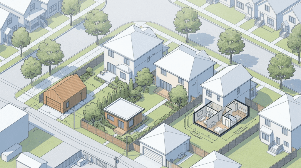 Comparison illustration of laneway house, garden suite, and secondary suite layouts on Canadian residential lots