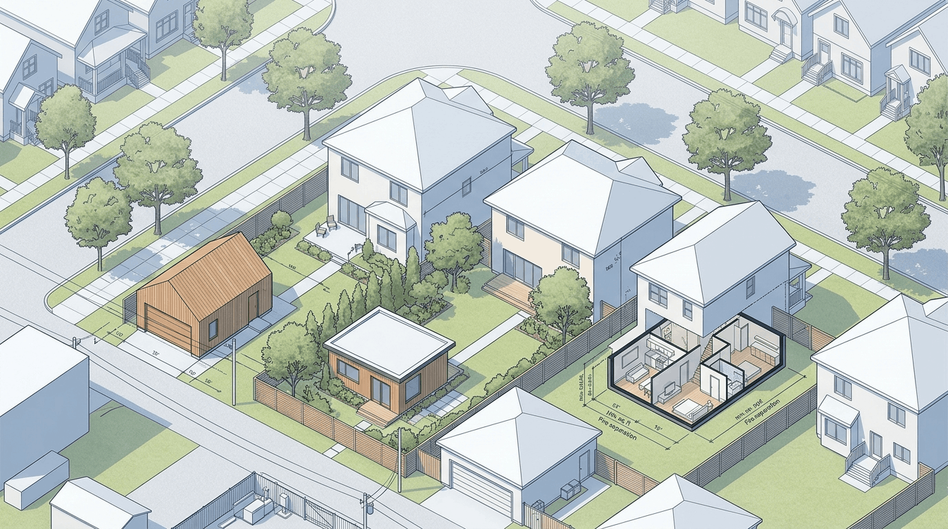 Comparison illustration of laneway house, garden suite, and secondary suite layouts on Canadian residential lots
