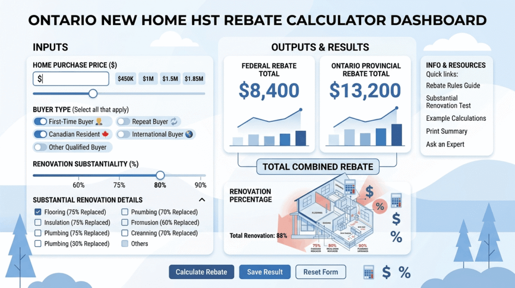 HST rebate calculator tool interface showing federal and Ontario rebate amount fields
