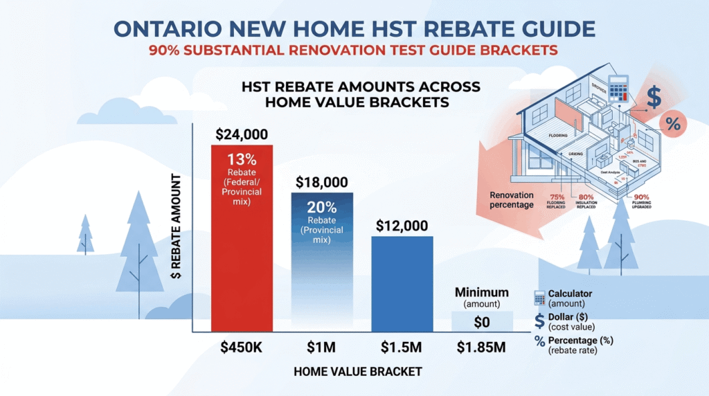 Infographic showing Ontario new home HST rebate tiers by home value up to $1.85 million