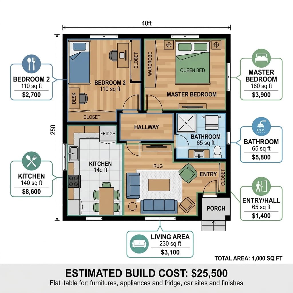 1,000 sq ft house cost Ontario broken down by room zone