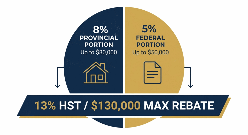 Ontario HST rebate 2026 split into 8% provincial and 5% federal portions