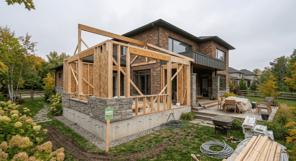 Sunroom addition foundation under construction with permit inspection stage