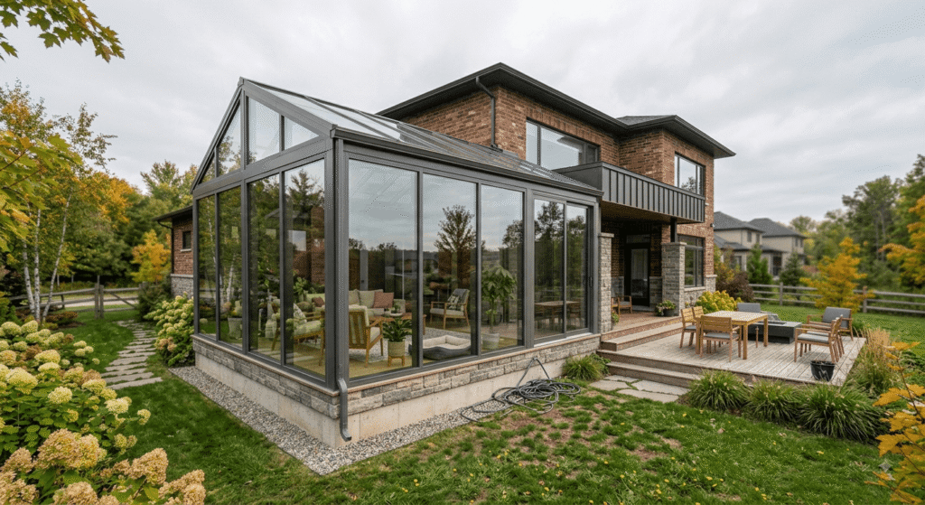 Glass sunroom addition on a brick Canadian home with natural backyard setting
