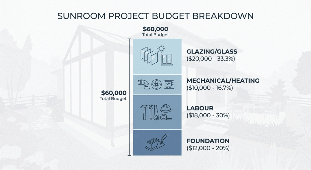 Sunroom addition budget broken down by glazing, foundation, labour and mechanical costs