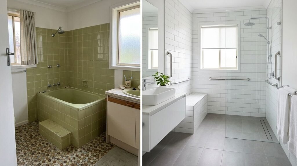 Bathroom before and after aging in place renovations in Ontario