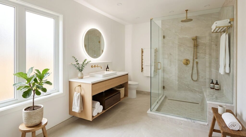 Finished bathroom renovation in Milton Ontario with walk-in shower and quartz vanity