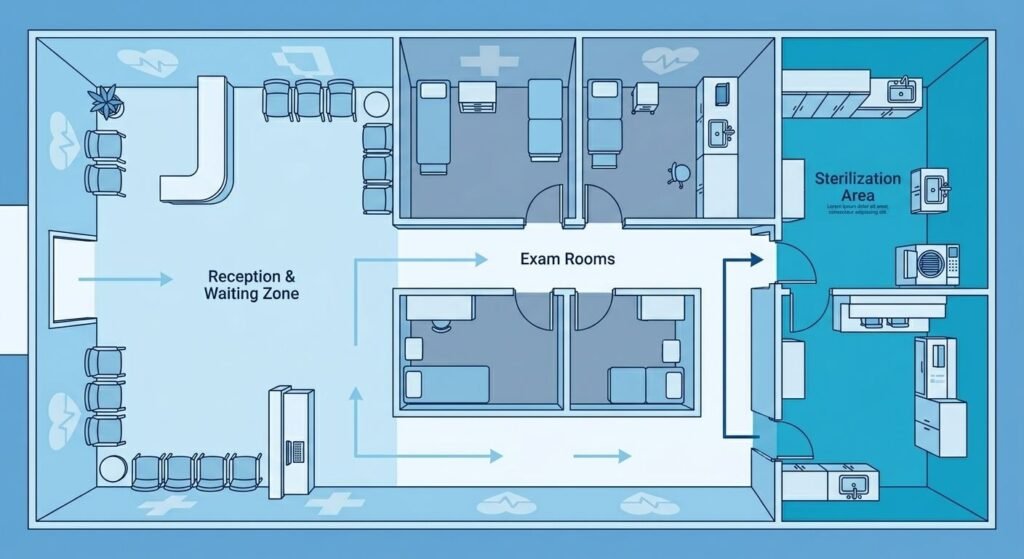Clinic construction floor plan showing patient and staff flow zones