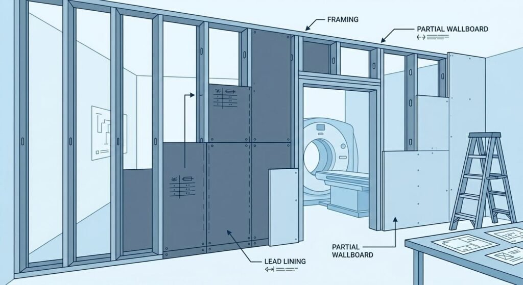 Medical build radiation shielding installed during clinic construction framing