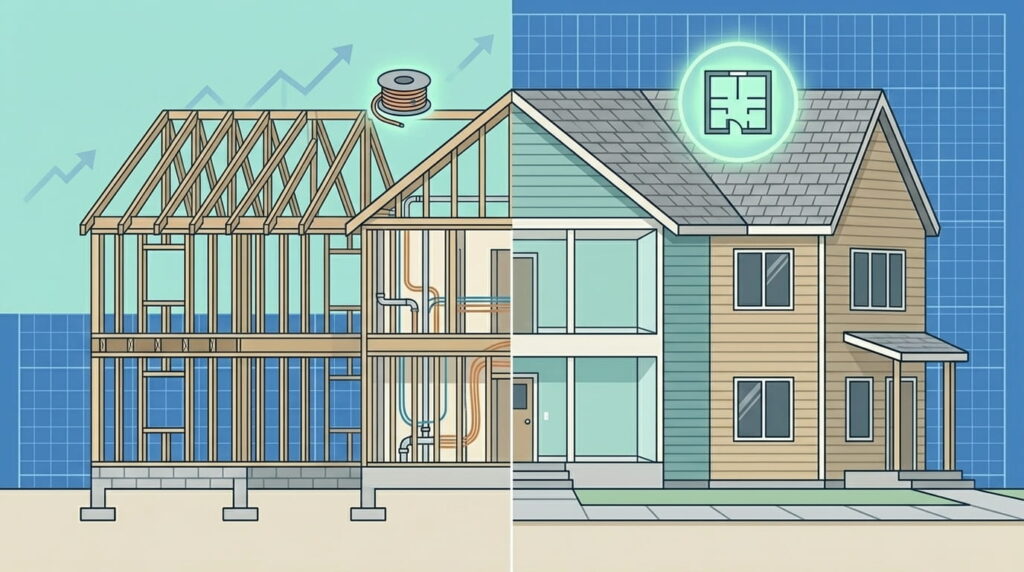 Rough-in and finished stages of building a custom home