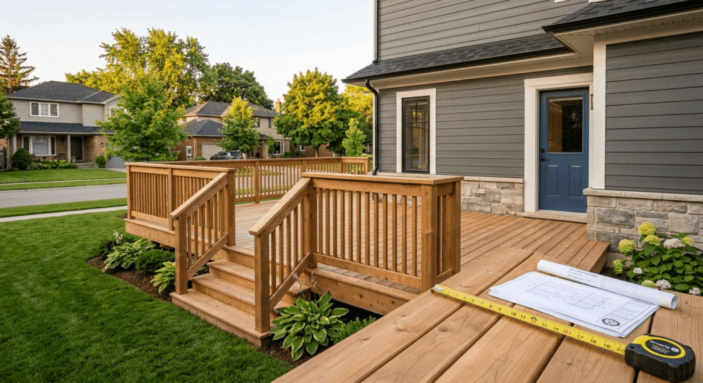 New backyard deck construction showing building permit size and height requirements
