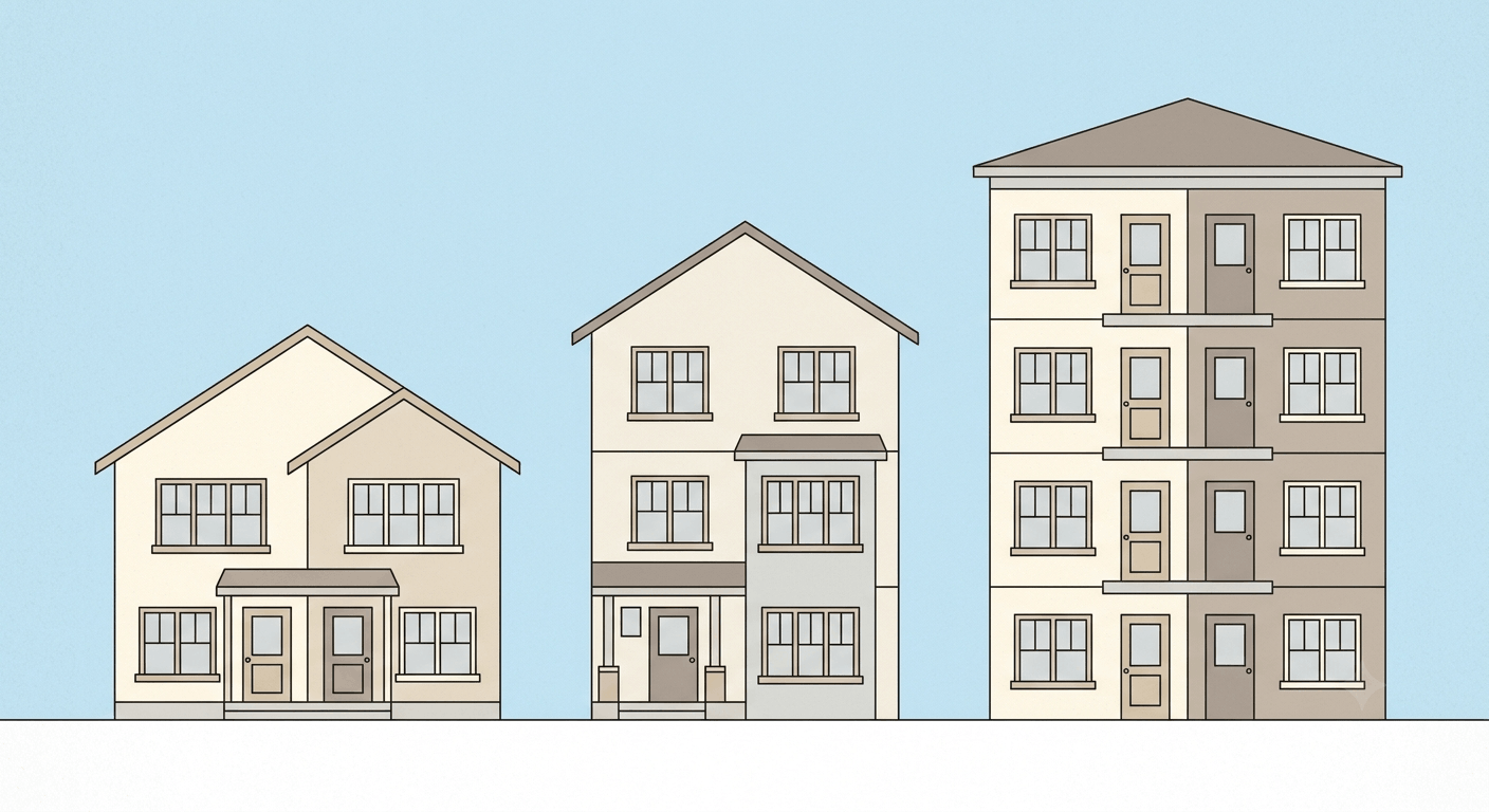 Illustration comparing duplex, triplex, and fourplex building types